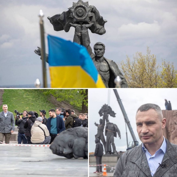 Поганий знак для путіна: у демонтованого в Києві «російського робітника» відвалилася голова (відео)